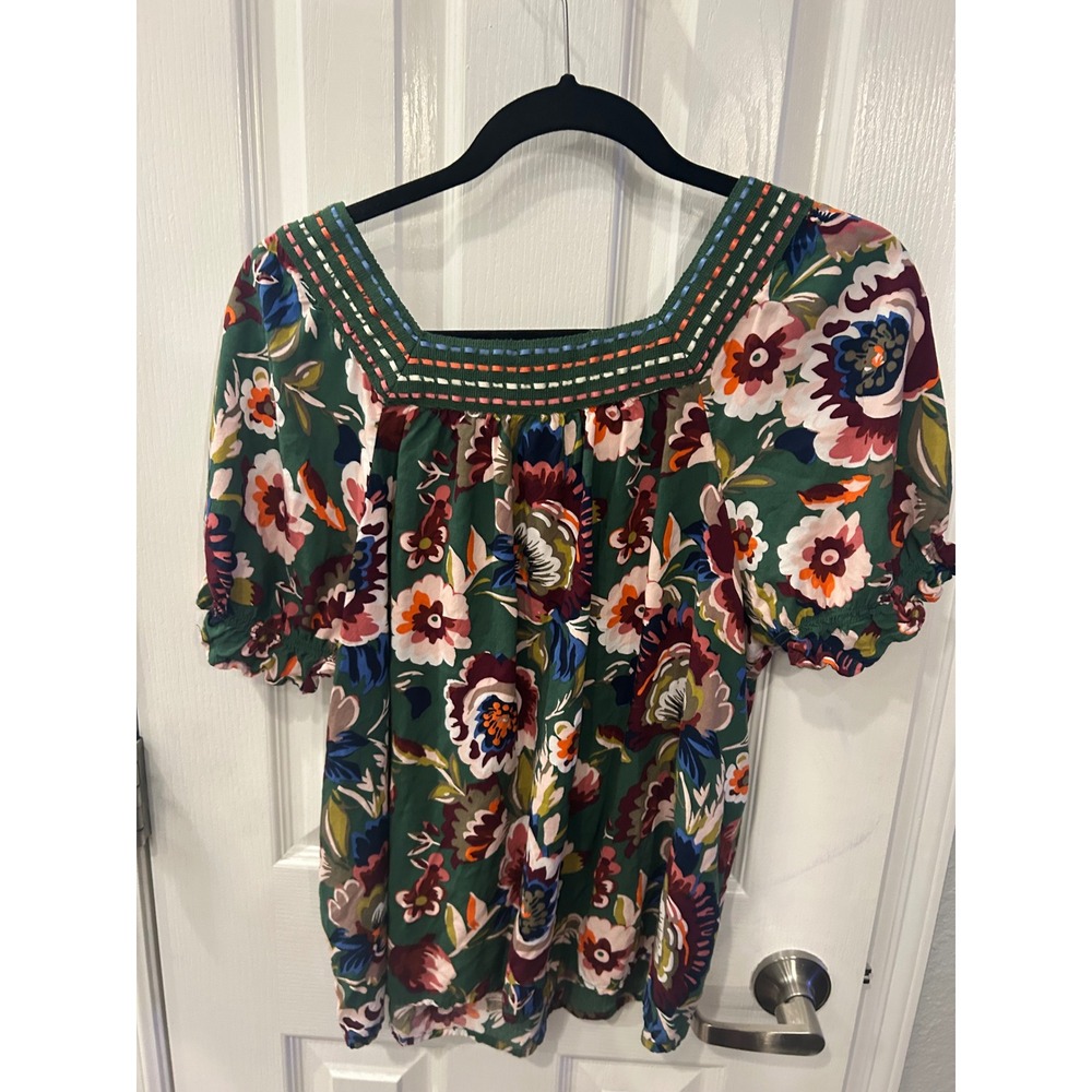 Style & Co Blouse Green Floral Embroidered Square Neck Puff Sleeve Boho Top - Picture 6 of 6